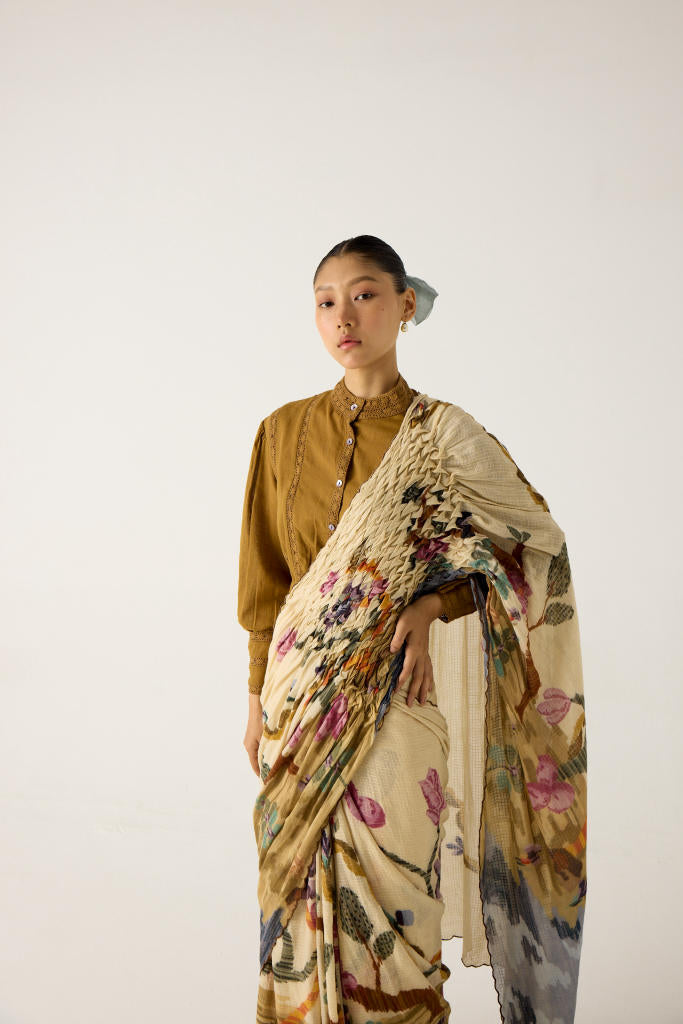 SMOCKED SAREE+TOP-SAFARI + KHAKI cotton by CORD in multi for women in Singapore