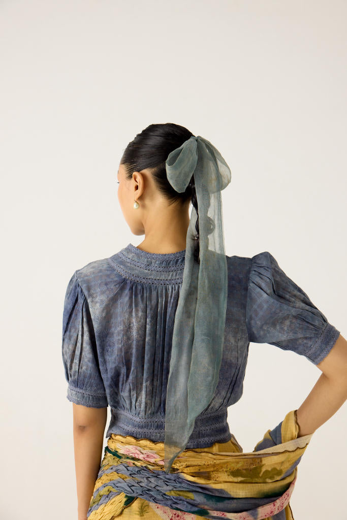 SMOCKED SAREE+TOP-(WALLFLOWER + INDIGO) cotton by CORD in multi for women in Singapore