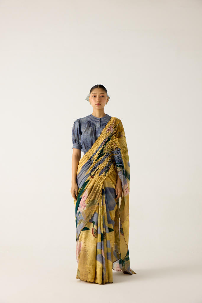 SMOCKED SAREE+TOP-(WALLFLOWER + INDIGO) cotton by CORD in multi for women in Singapore