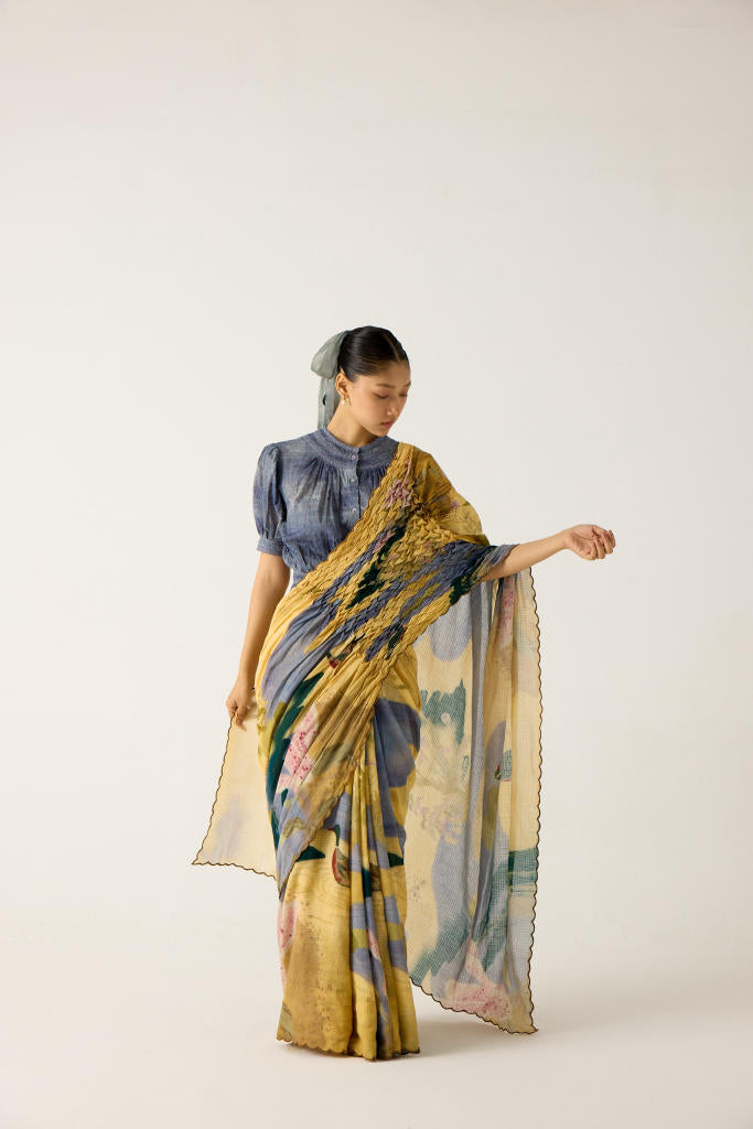 SMOCKED SAREE+TOP-(WALLFLOWER + INDIGO) cotton by CORD in multi for women in Singapore