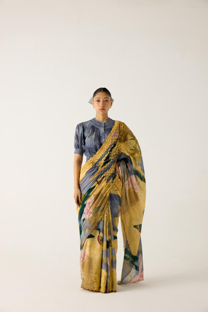 SMOCKED SAREE+TOP-(WALLFLOWER + INDIGO) cotton by CORD in multi for women in Singapore