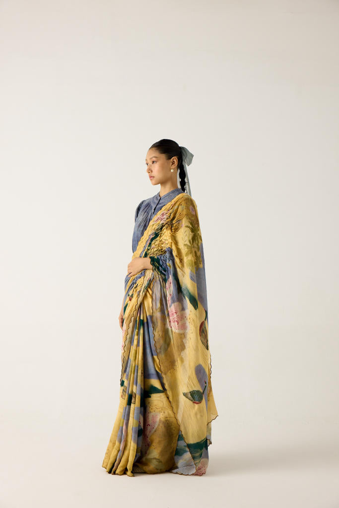 SMOCKED SAREE+TOP-(WALLFLOWER + INDIGO) cotton by CORD in multi for women in Singapore