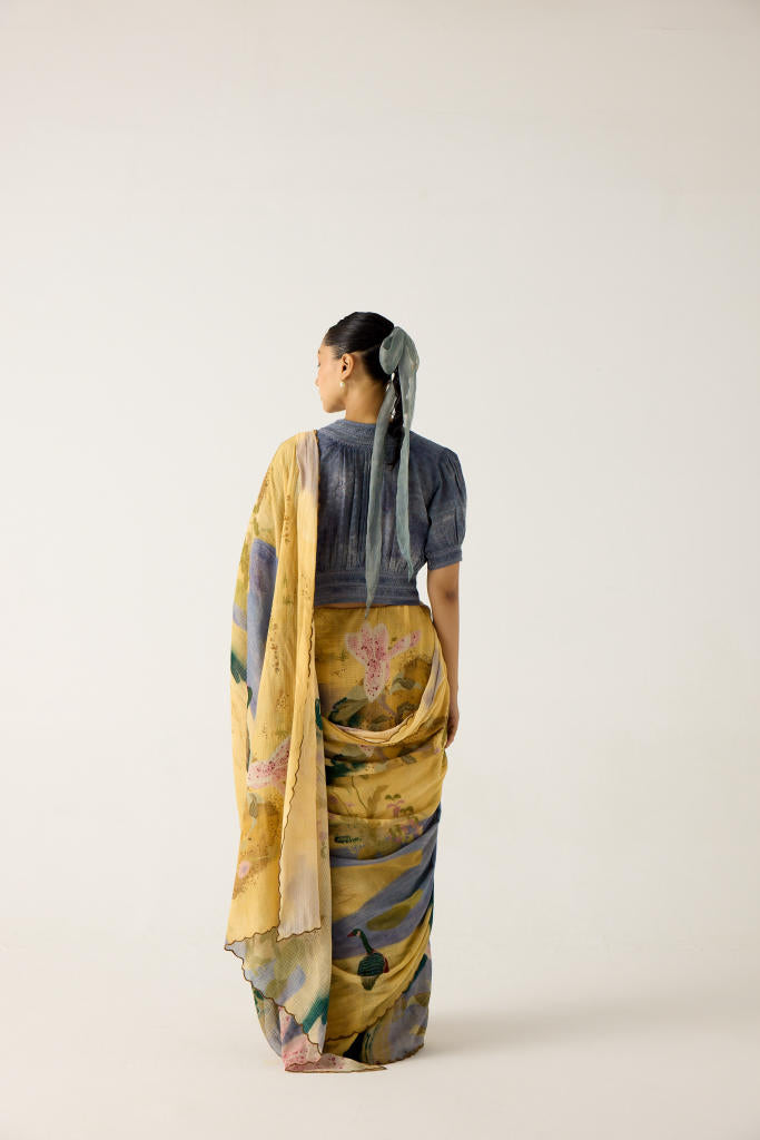 SMOCKED SAREE+TOP-(WALLFLOWER + INDIGO) cotton by CORD in multi for women in Singapore