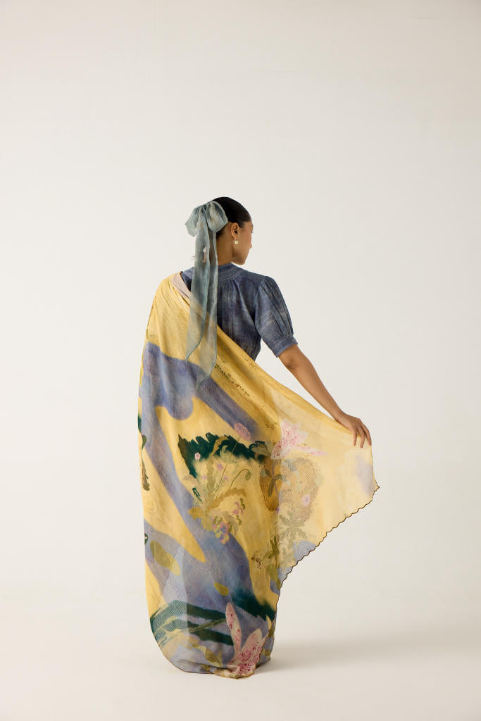 SMOCKED SAREE+TOP-(WALLFLOWER + INDIGO) cotton by CORD in multi for women in Singapore