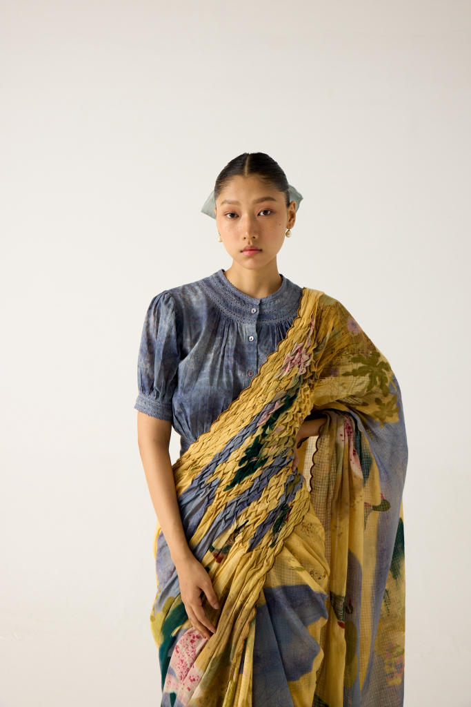 SMOCKED SAREE+TOP-(WALLFLOWER + INDIGO) cotton by CORD in multi for women in Singapore