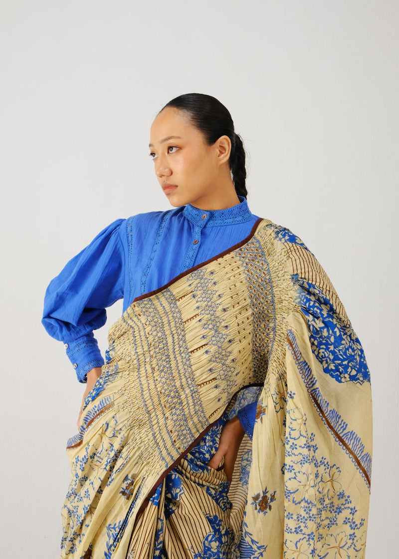 Smocked saree set-Bluebell satin by CORD for women in Singapore