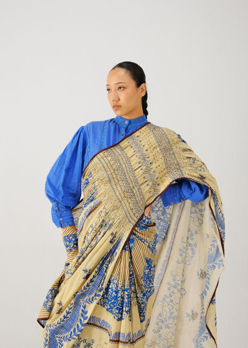 Smocked saree set-Bluebell satin by CORD for women in Singapore