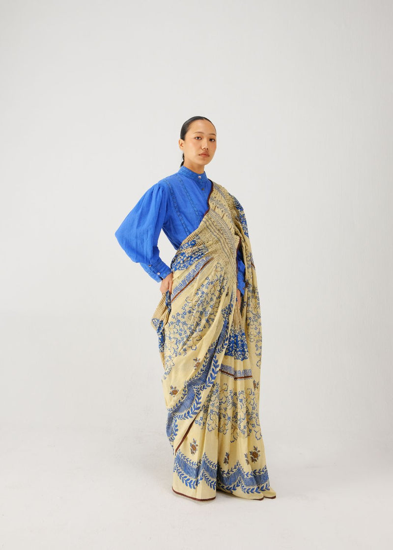 Smocked saree set-Bluebell satin by CORD for women in Singapore