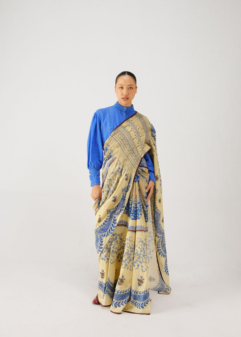 Smocked saree set-Bluebell satin by CORD for women in Singapore