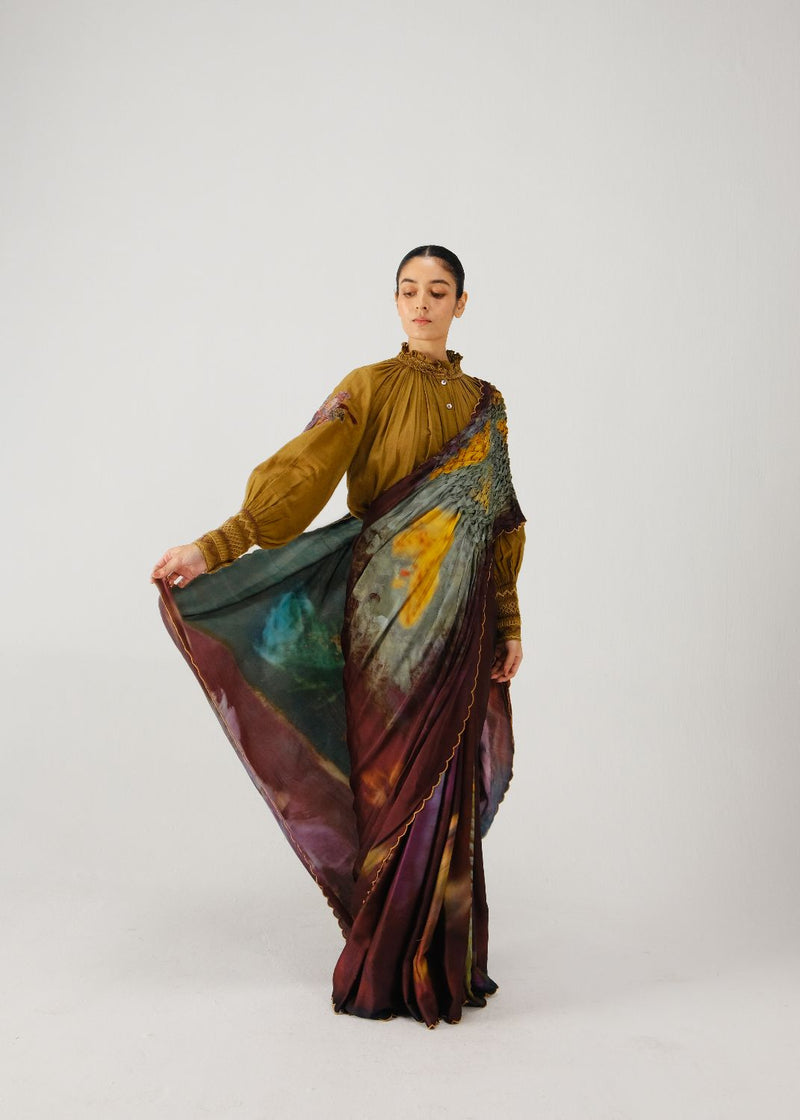 Smocked saree-X-ray satin by CORD for women in Singapore