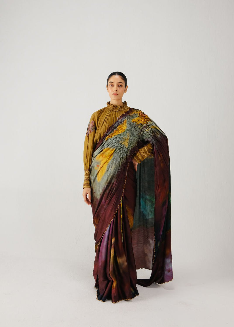 Smocked saree-X-ray satin by CORD for women in Singapore
