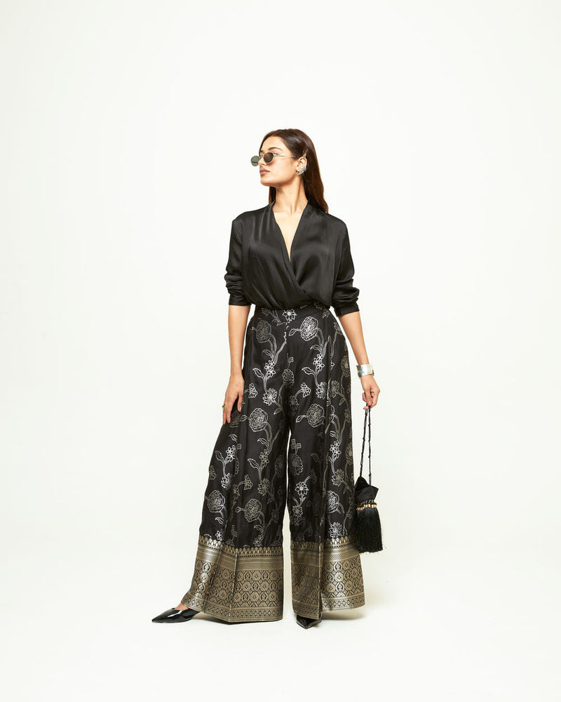 Rosa Brocade Pant Set-Black silk and modal satin indo-western by SOBARIKO in black for women in Singapore