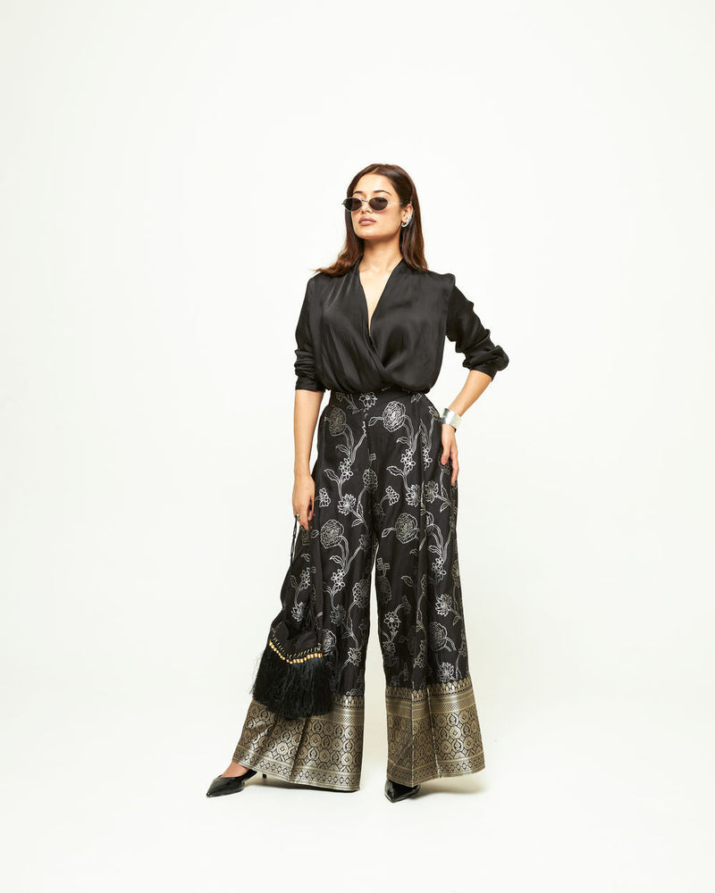 Rosa Brocade Pant Set-Black silk and modal satin indo-western by SOBARIKO in black for women in Singapore