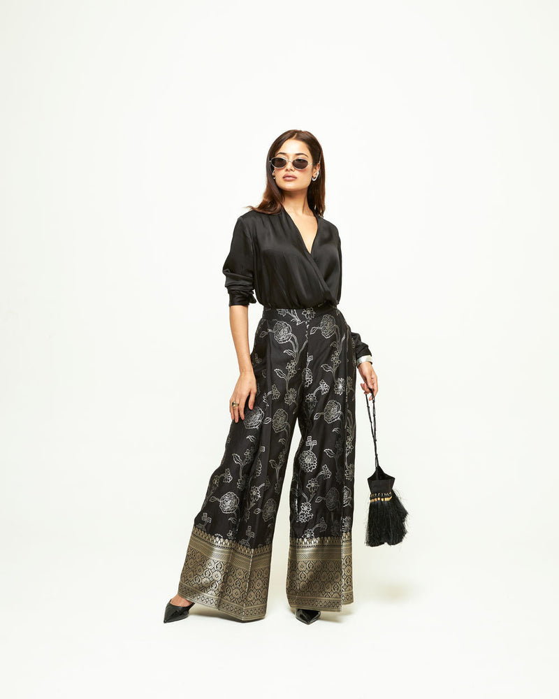 Rosa Brocade Pant Set-Black silk and modal satin indo-western by SOBARIKO in black for women in Singapore