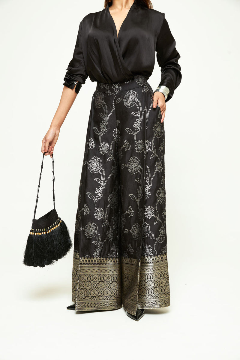Rosa Brocade Pant Set-Black silk and modal satin indo-western by SOBARIKO in black for women in Singapore