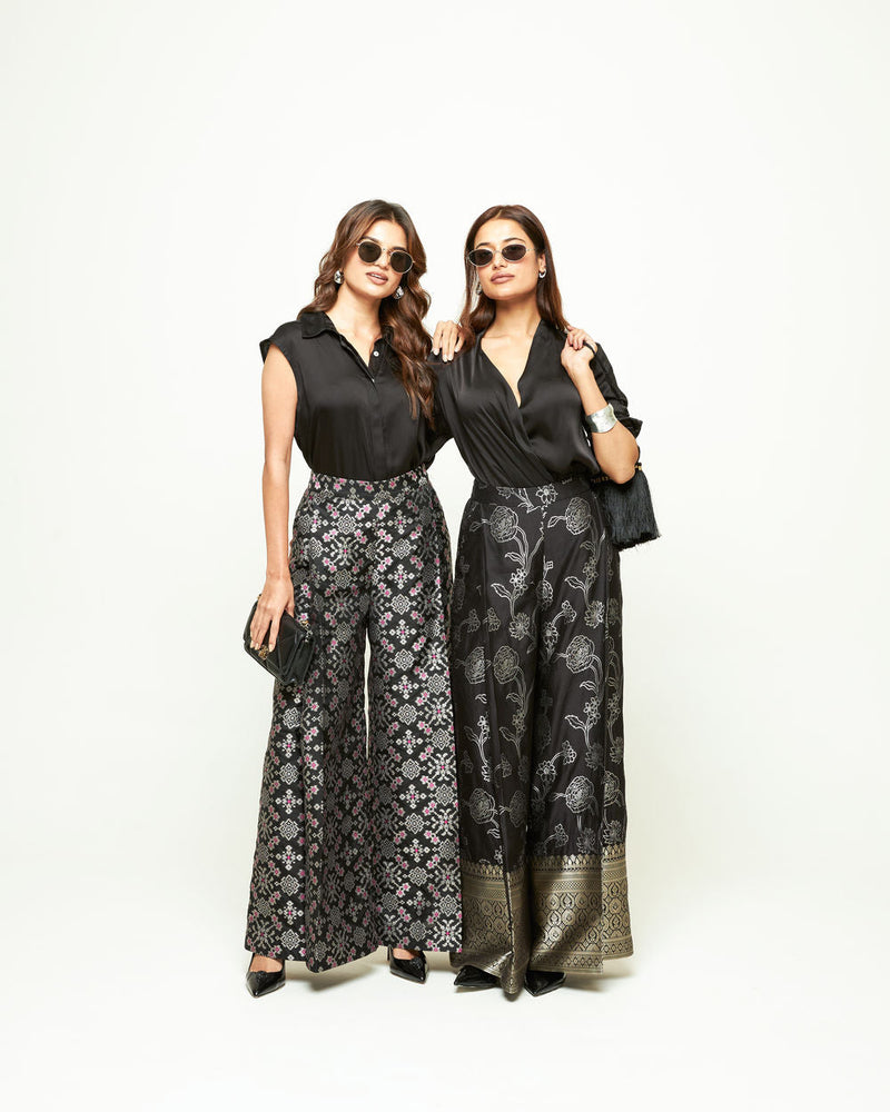 Rosa Brocade Pant Set-Black silk and modal satin indo-western by SOBARIKO in black for women in Singapore