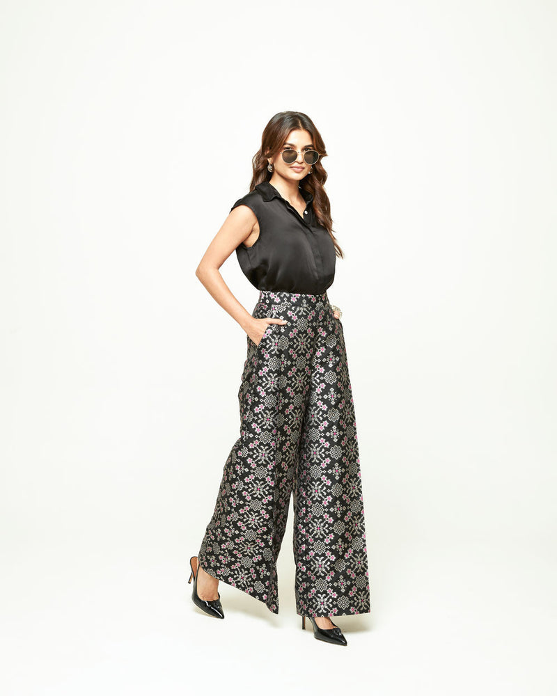 Meena Brocade Pant Set-Black silk and modal satin indo-western by SOBARIKO in black for women in Singapore