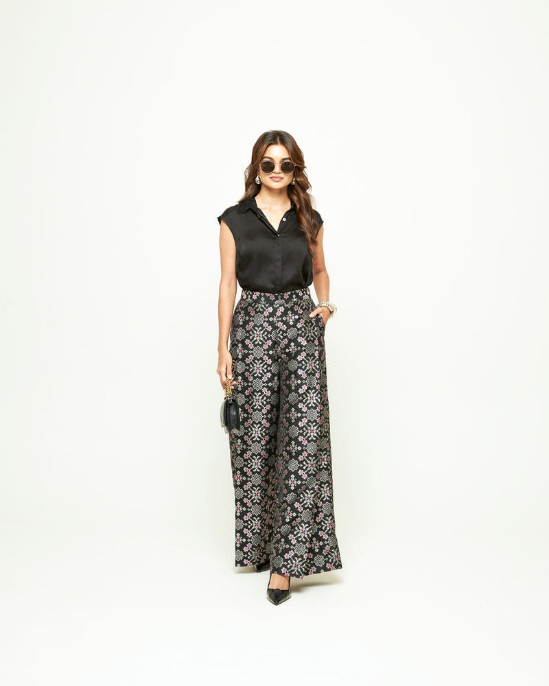 Meena Brocade Pant Set-Black silk and modal satin indo-western by SOBARIKO in black for women in Singapore