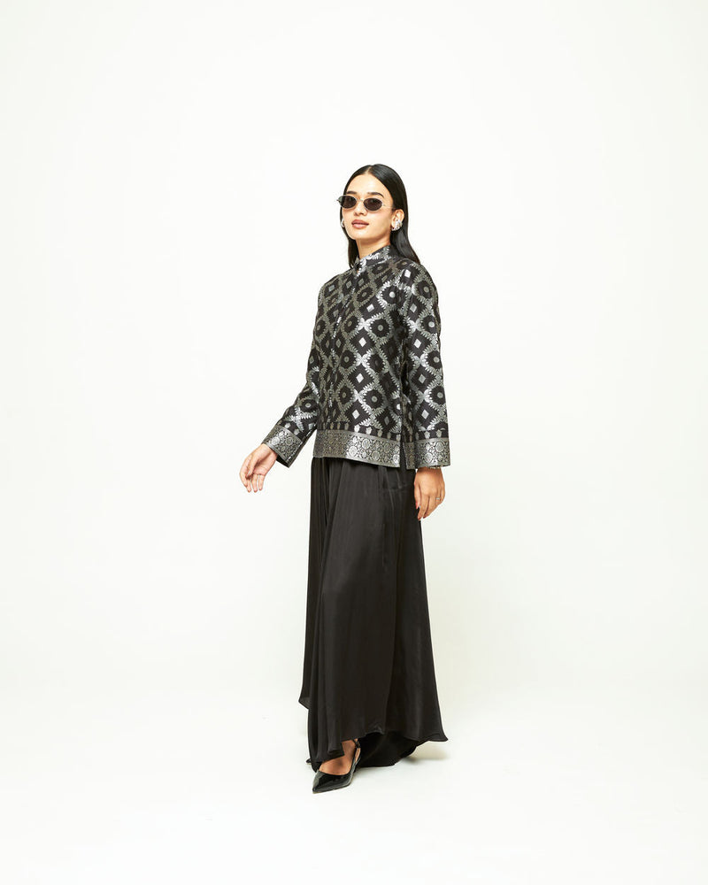 Suki-Geometric Brocade Jacket Set-Black silk, modal satin indo-western by SOBARIKO in black for women in Singapore