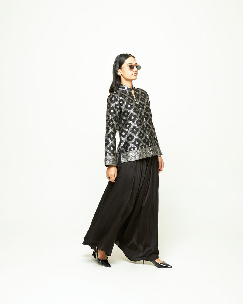 Suki-Geometric Brocade Jacket Set-Black silk, modal satin indo-western by SOBARIKO in black for women in Singapore
