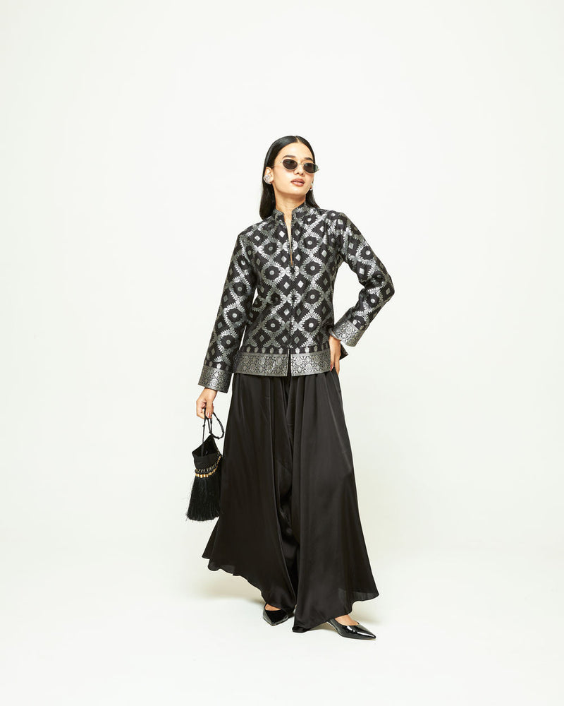 Suki-Geometric Brocade Jacket Set-Black silk, modal satin indo-western by SOBARIKO in black for women in Singapore