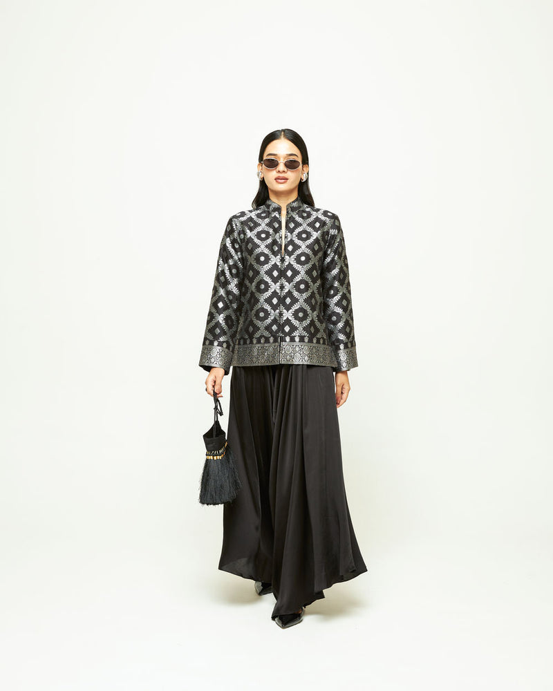 Suki-Geometric Brocade Jacket Set-Black silk, modal satin indo-western by SOBARIKO in black for women in Singapore