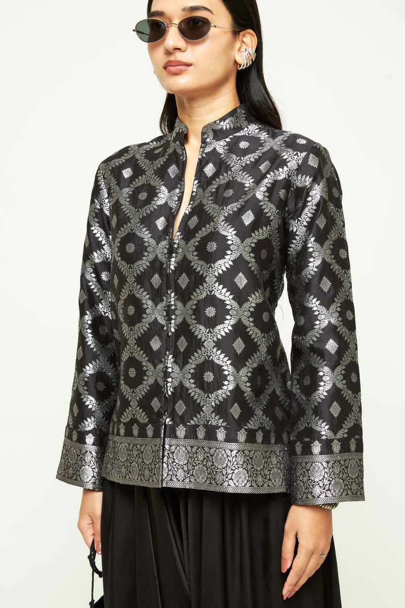 Suki-Geometric Brocade Jacket Set-Black silk, modal satin indo-western by SOBARIKO in black for women in Singapore