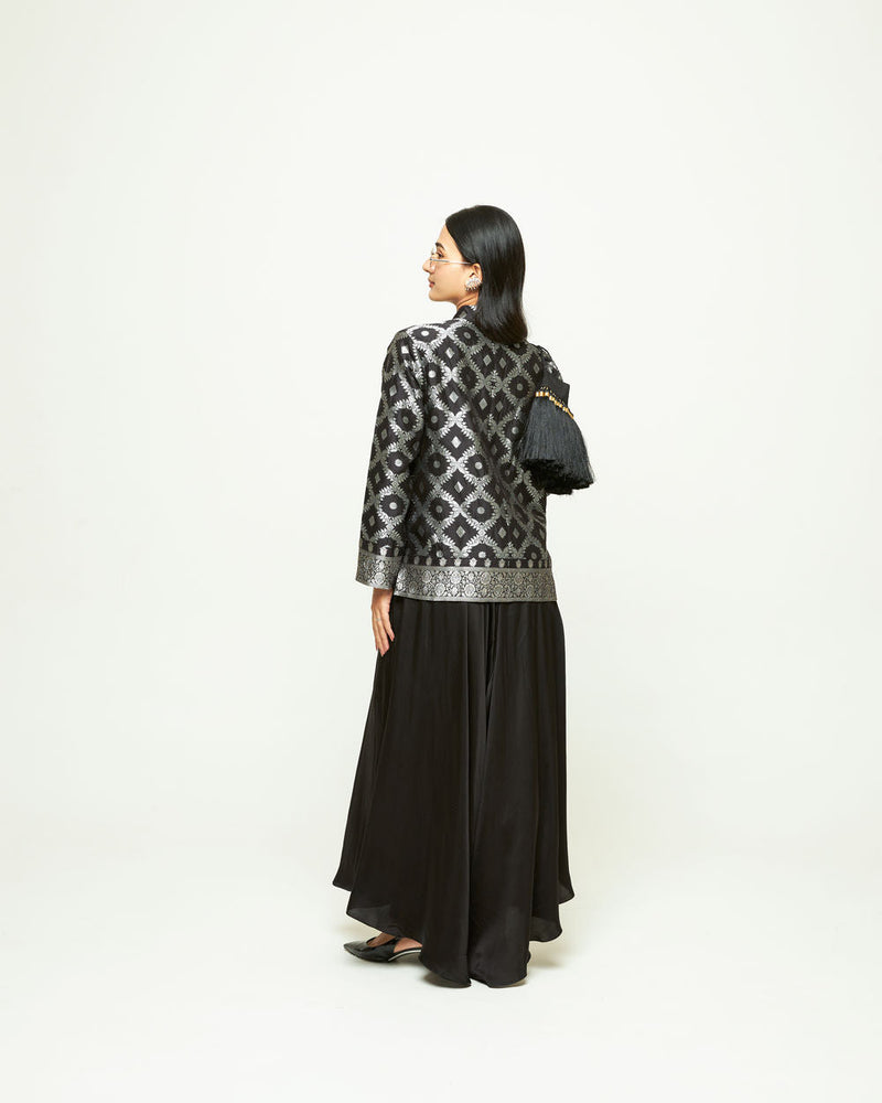 Suki-Geometric Brocade Jacket Set-Black silk, modal satin indo-western by SOBARIKO in black for women in Singapore