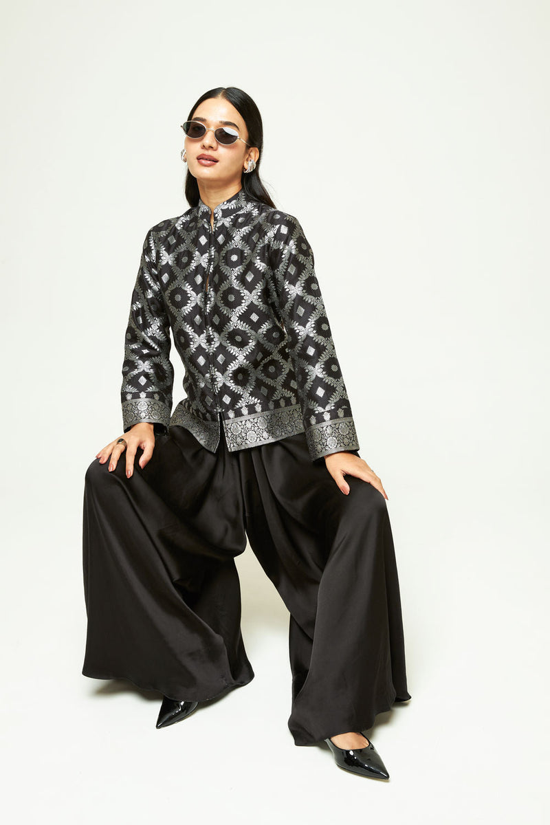 Suki-Geometric Brocade Jacket Set-Black silk, modal satin indo-western by SOBARIKO in black for women in Singapore