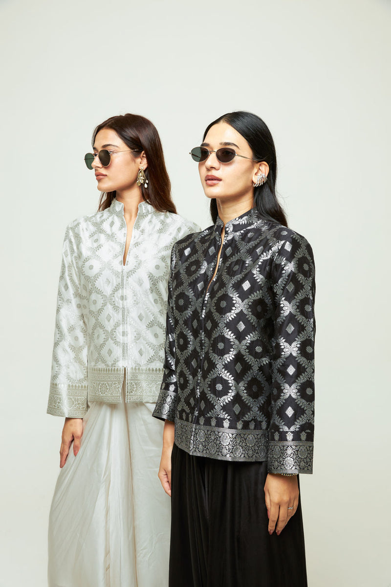 Suki-Geometric Brocade Jacket Set-Ivory silk, modal satin indo-western by SOBARIKO in ivory for women in Singapore