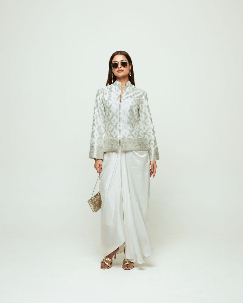 Suki-Geometric Brocade Jacket Set-Ivory silk, modal satin indo-western by SOBARIKO in ivory for women in Singapore