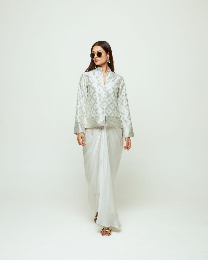 Suki-Geometric Brocade Jacket Set-Ivory silk, modal satin indo-western by SOBARIKO in ivory for women in Singapore