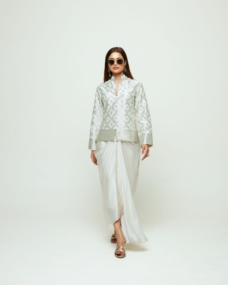 Suki-Geometric Brocade Jacket Set-Ivory silk, modal satin indo-western by SOBARIKO in ivory for women in Singapore