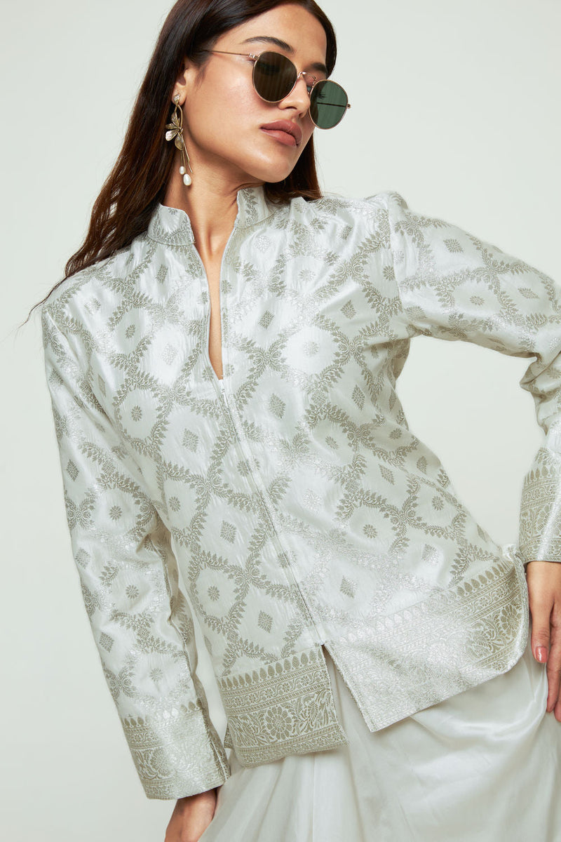 Suki-Geometric Brocade Jacket Set-Ivory silk, modal satin indo-western by SOBARIKO in ivory for women in Singapore