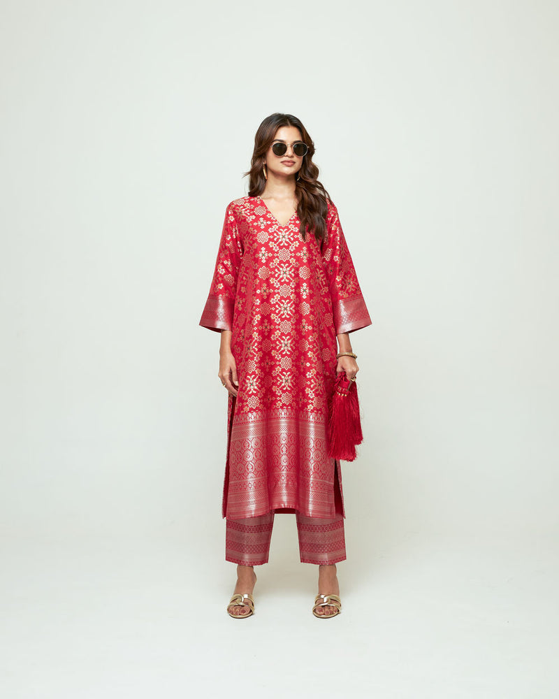 Meena-Red Brocade Long Kurta Set silk, organza kurta/kurta set by SOBARIKO in red for women in Singapore