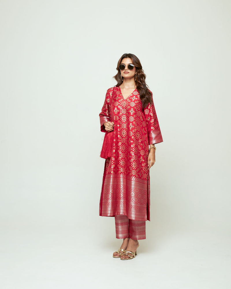 Meena-Red Brocade Long Kurta Set silk, organza kurta/kurta set by SOBARIKO in red for women in Singapore