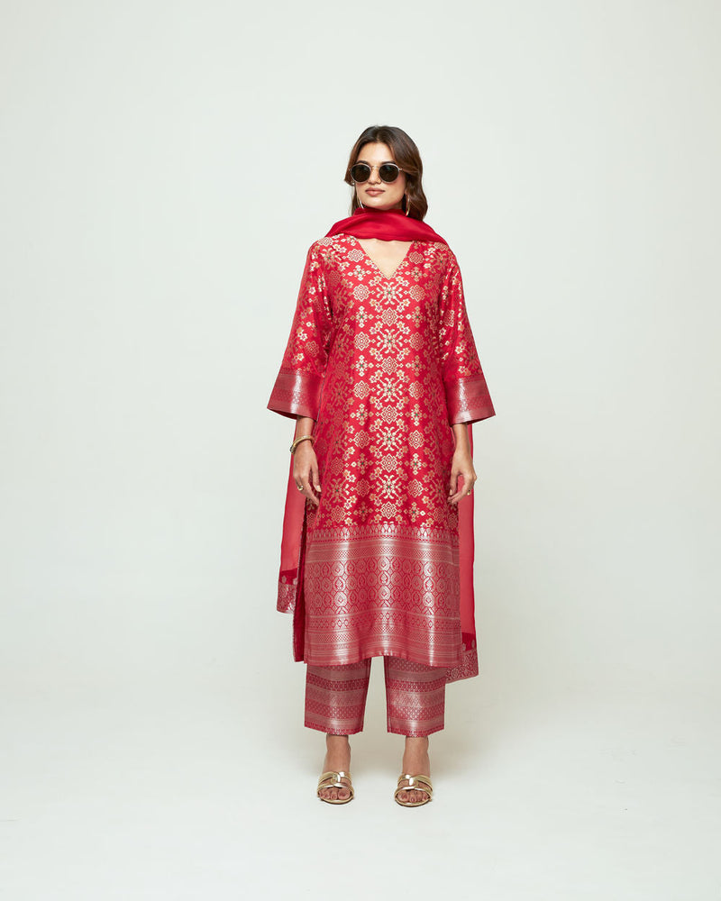 Meena-Red Brocade Long Kurta Set silk, organza kurta/kurta set by SOBARIKO in red for women in Singapore