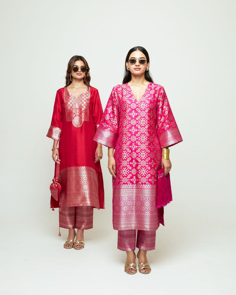 Meena-Pink Brocade Kurta Set silk, organza kurta/kurta set by SOBARIKO in pink for women in Singapore