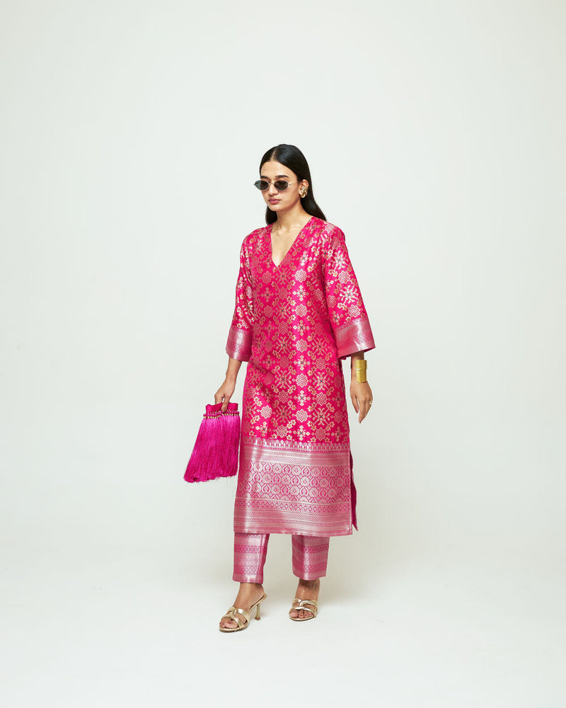 Meena-Pink Brocade Kurta Set silk, organza kurta/kurta set by SOBARIKO in pink for women in Singapore