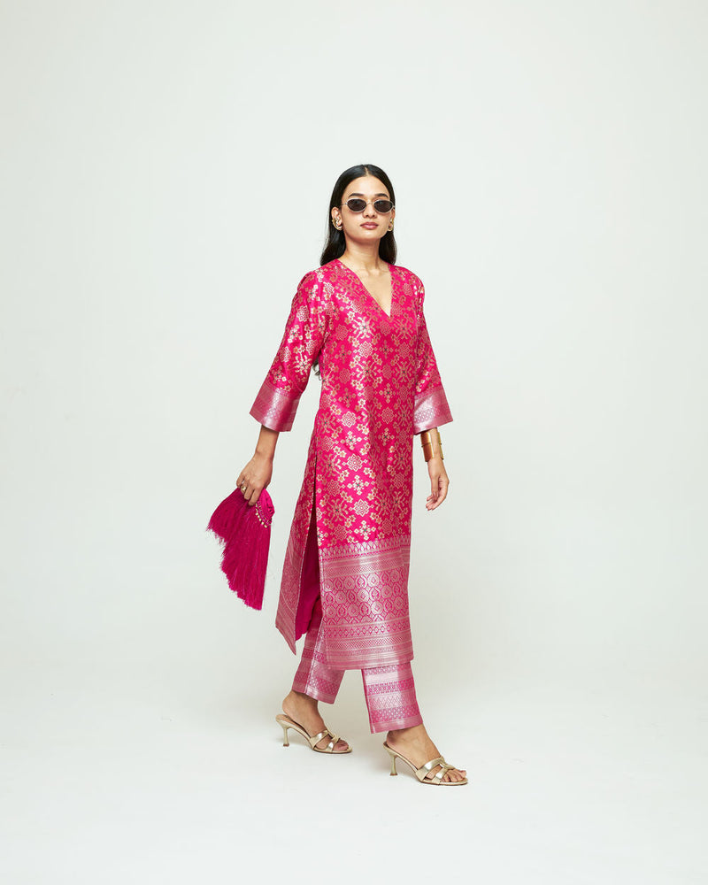 Meena-Pink Brocade Kurta Set silk, organza kurta/kurta set by SOBARIKO in pink for women in Singapore