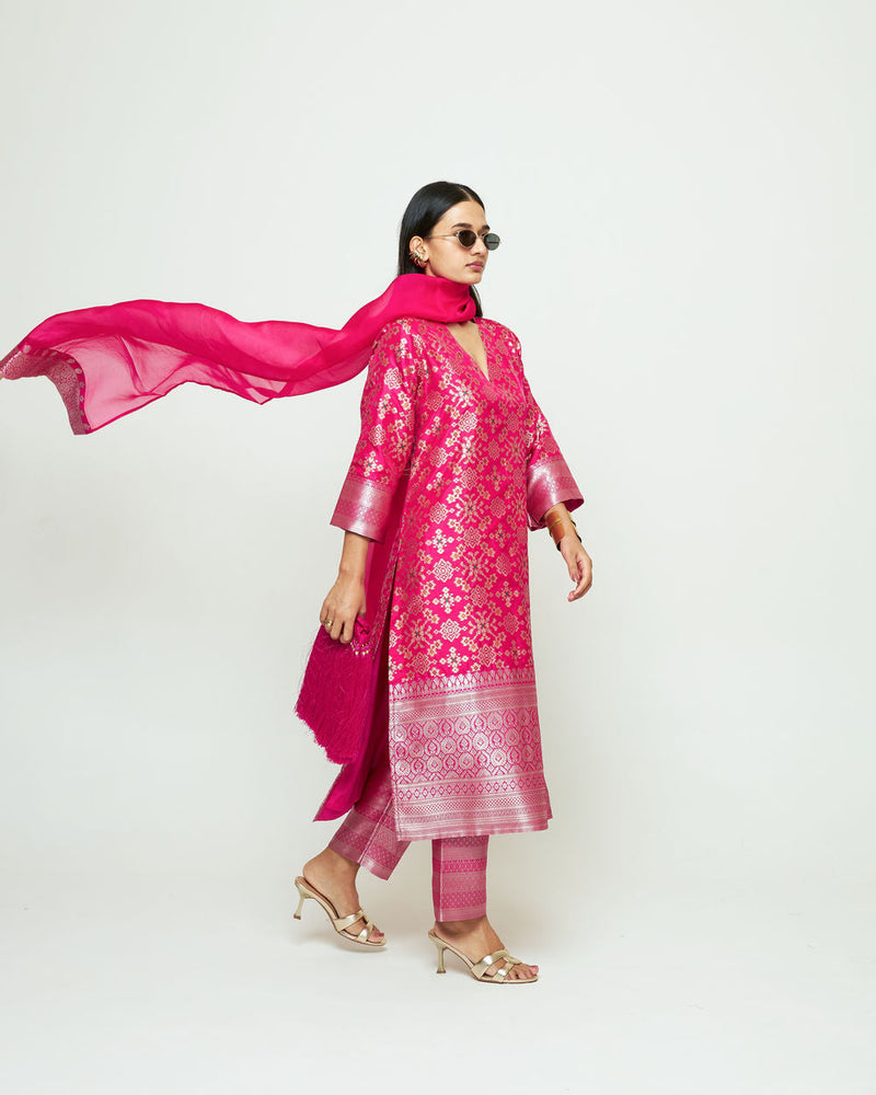 Meena-Pink Brocade Kurta Set silk, organza kurta/kurta set by SOBARIKO in pink for women in Singapore