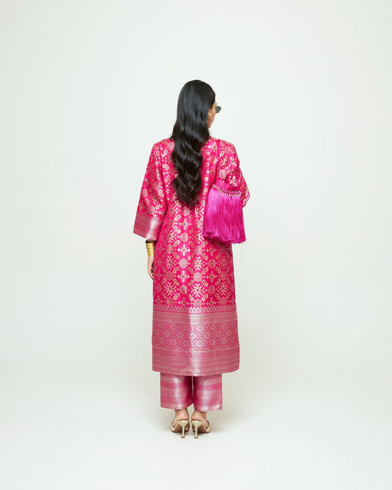 Meena-Pink Brocade Kurta Set silk, organza kurta/kurta set by SOBARIKO in pink for women in Singapore