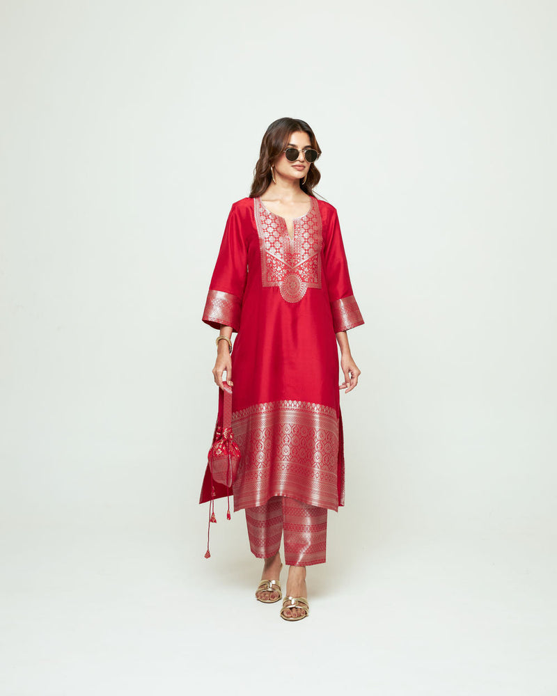 Meher Red Tunic Set silk ,organza kurta/kurta set by SOBARIKO in red for women in Singapore