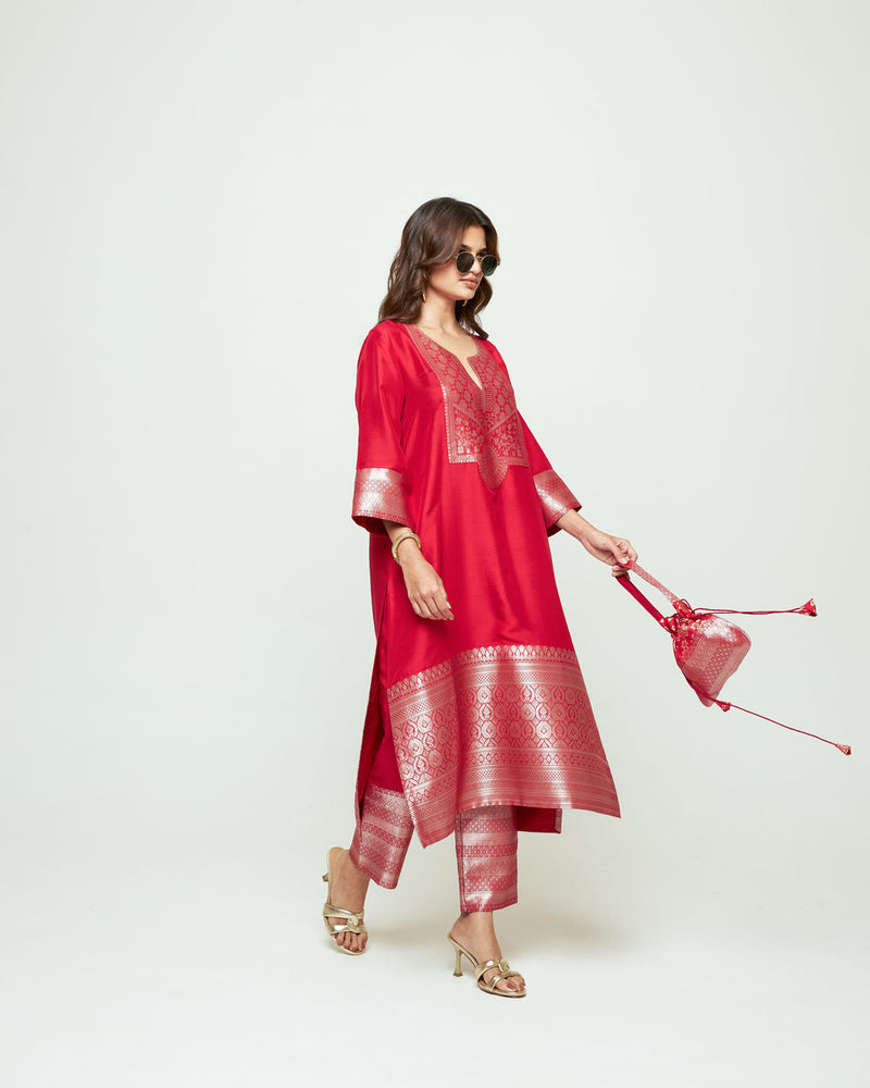 Meher Red Tunic Set silk ,organza kurta/kurta set by SOBARIKO in red for women in Singapore