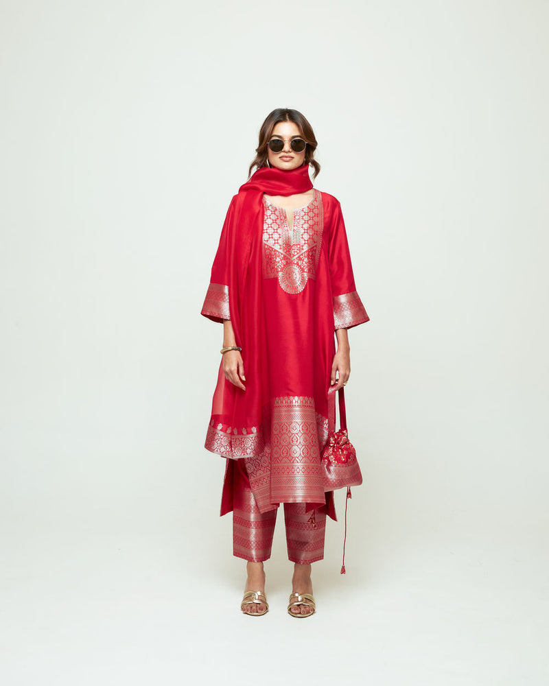 Meher Red Tunic Set silk ,organza kurta/kurta set by SOBARIKO in red for women in Singapore