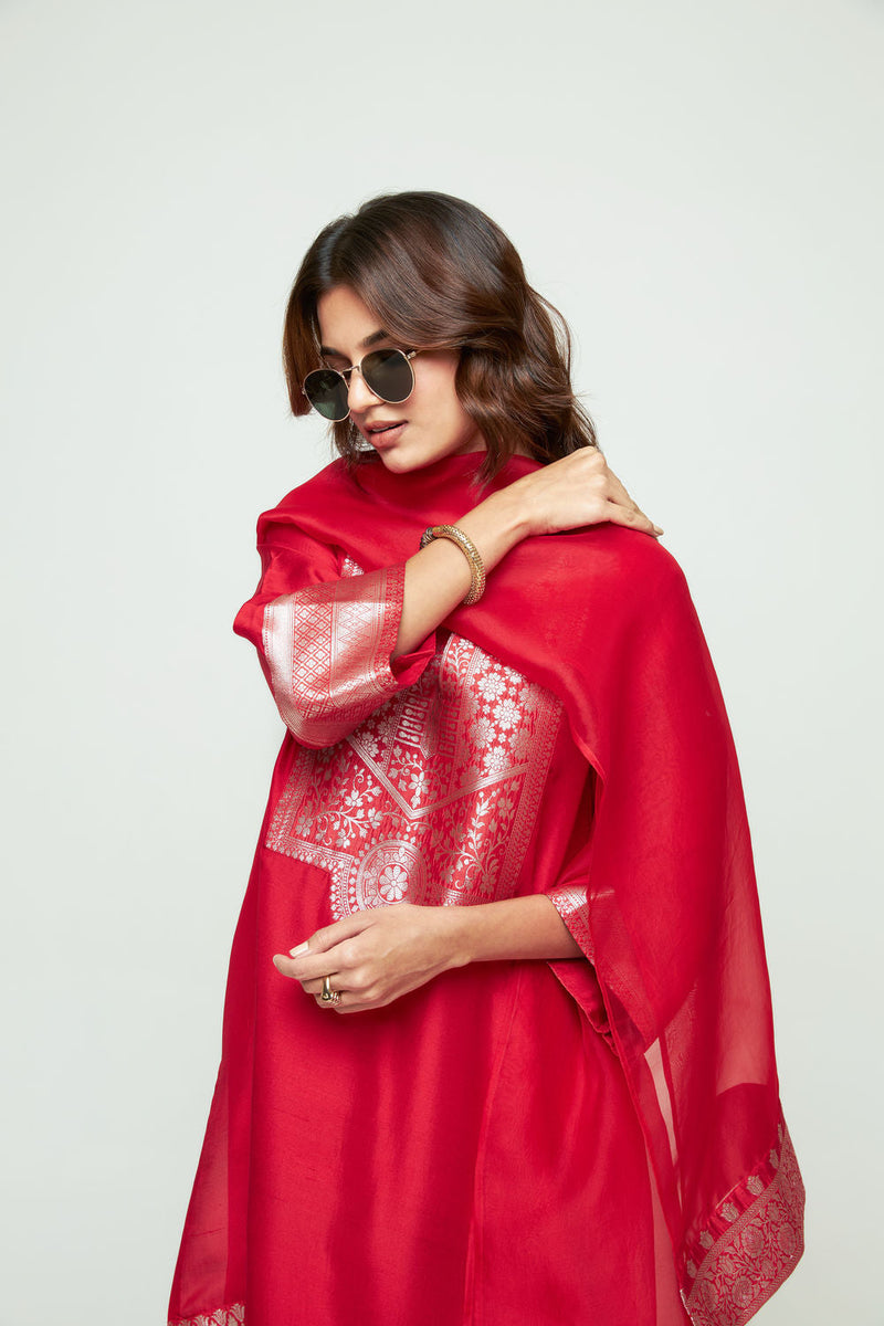 Meher Red Tunic Set silk ,organza kurta/kurta set by SOBARIKO in red for women in Singapore