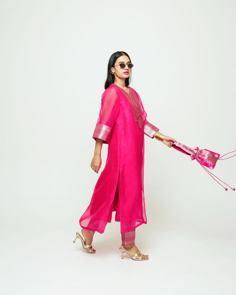 Mehar Pink Organza Tunic Set organza, silk kurta/kurta set by SOBARIKO for women in Singapore