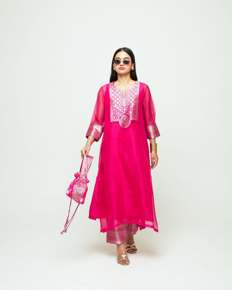 Mehar Pink Organza Tunic Set organza, silk kurta/kurta set by SOBARIKO for women in Singapore