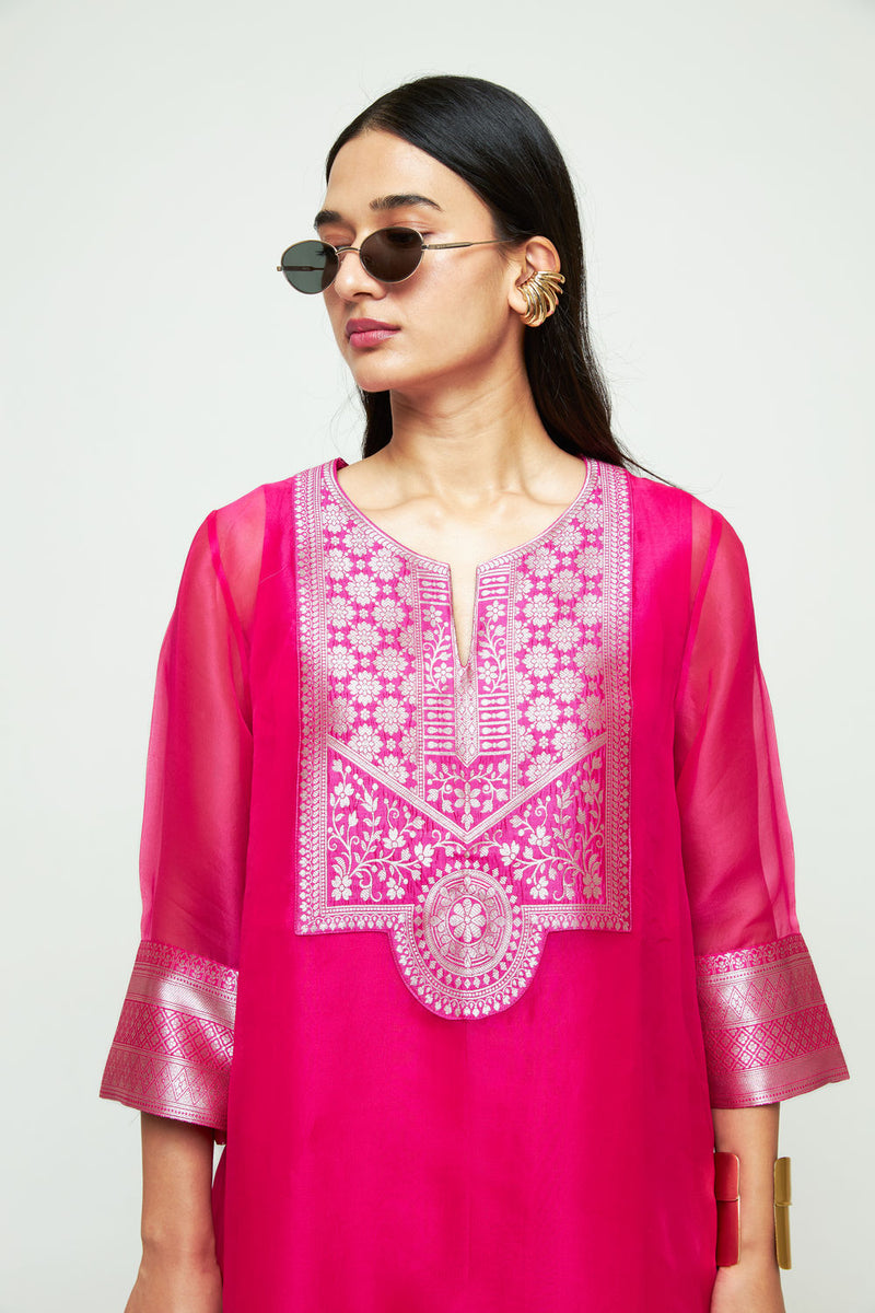 Mehar Pink Organza Tunic Set organza, silk kurta/kurta set by SOBARIKO for women in Singapore