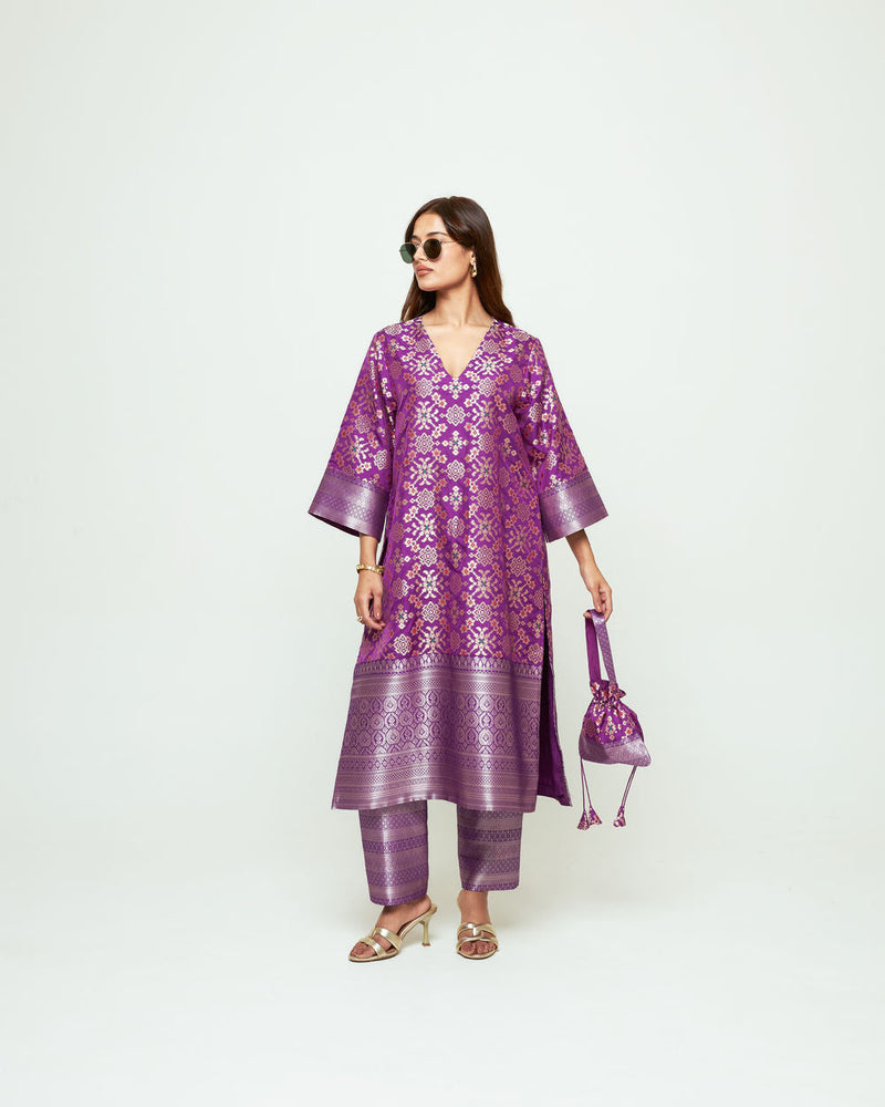 Meena-Purple Brocade Long Kurta Set silk, organza kurta/kurta set by SOBARIKO in purple for women in Singapore